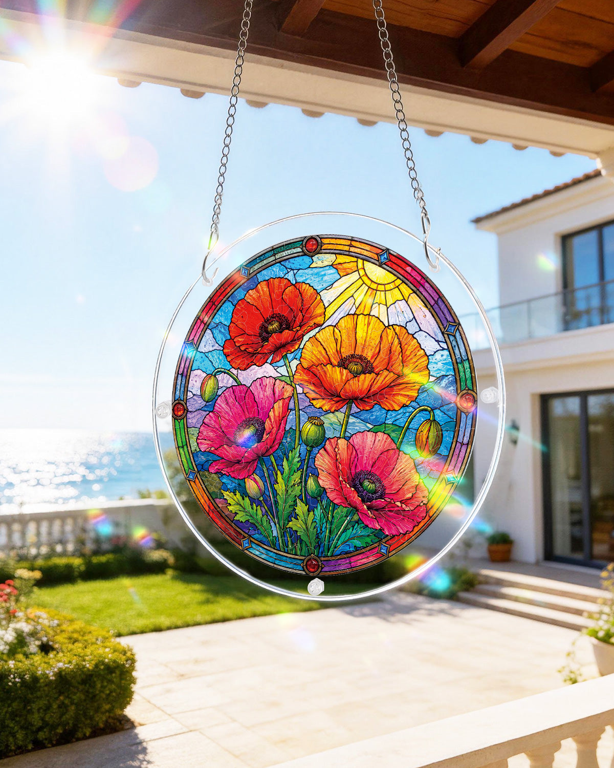 Sonnendurchfluteter floraler Garten-Lichtf?nger ¨C Acryl-Fensterbild