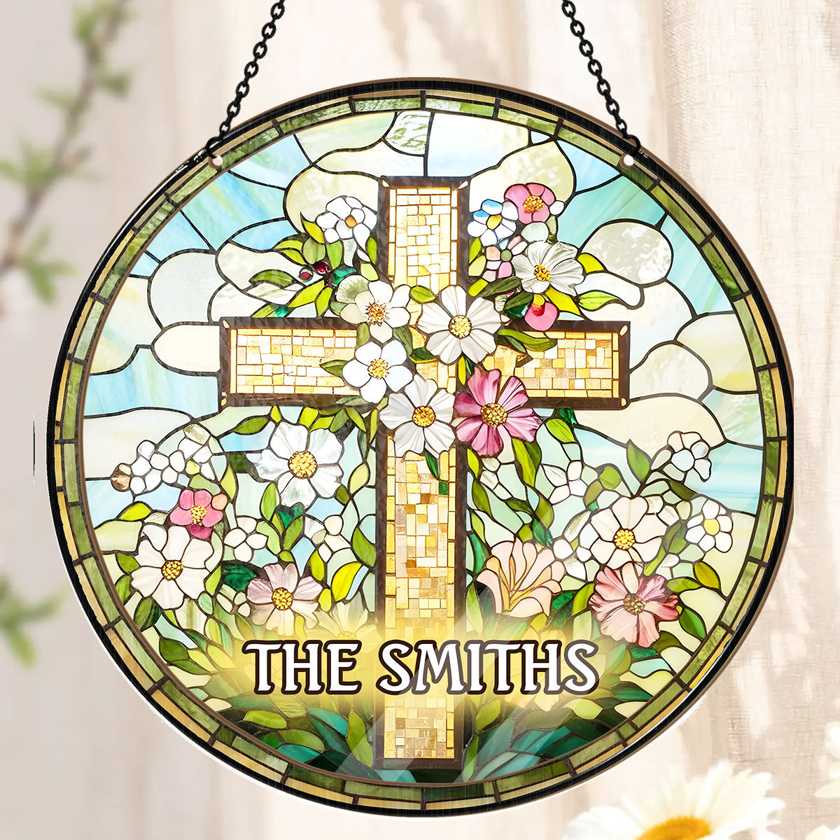 Christian Cross Wildflower - Personalized Window Hanging Suncatcher