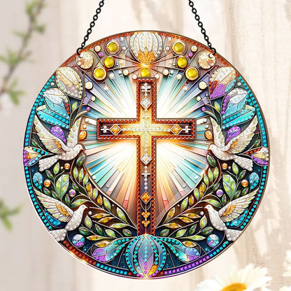 Radiant Cross & Doves -  Window Hanging Suncatcher