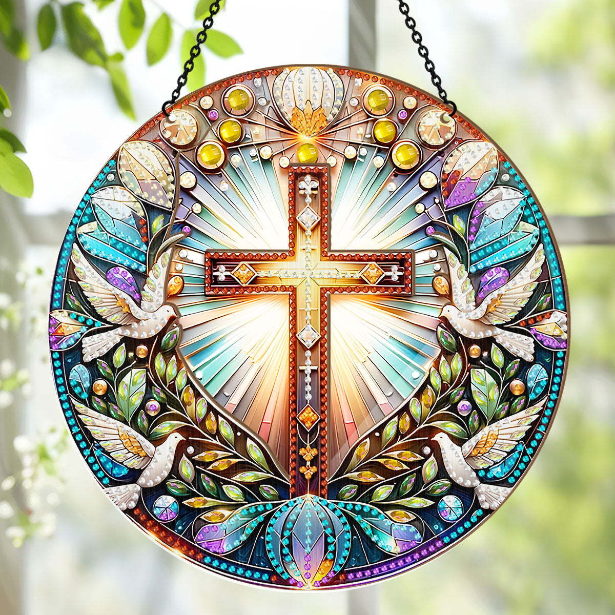 Radiant Cross & Doves -  Window Hanging Suncatcher
