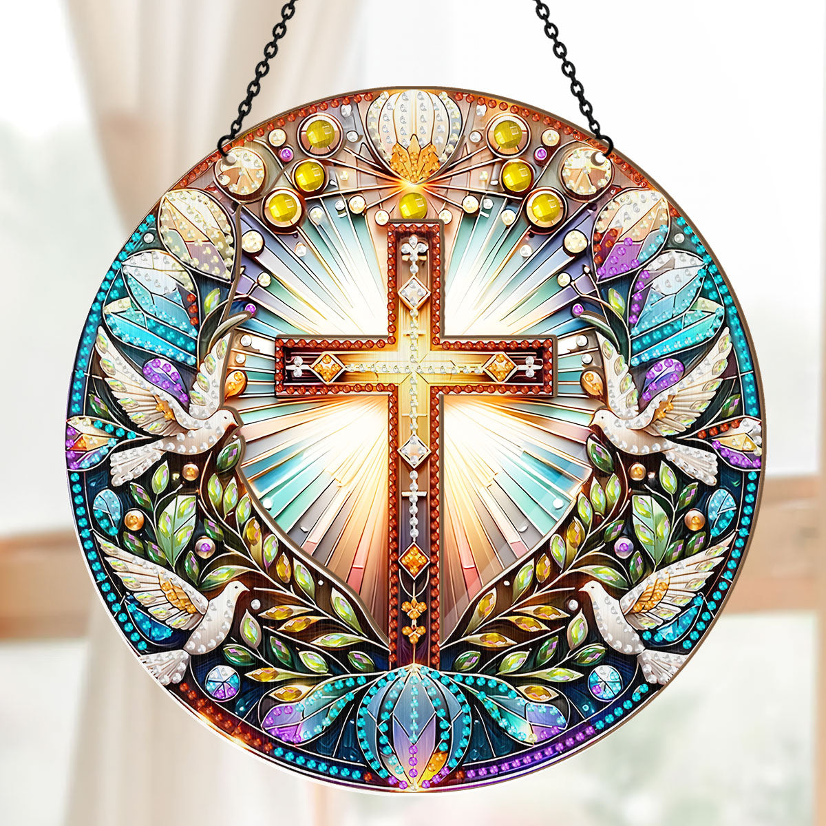 Radiant Cross & Doves -  Window Hanging Suncatcher