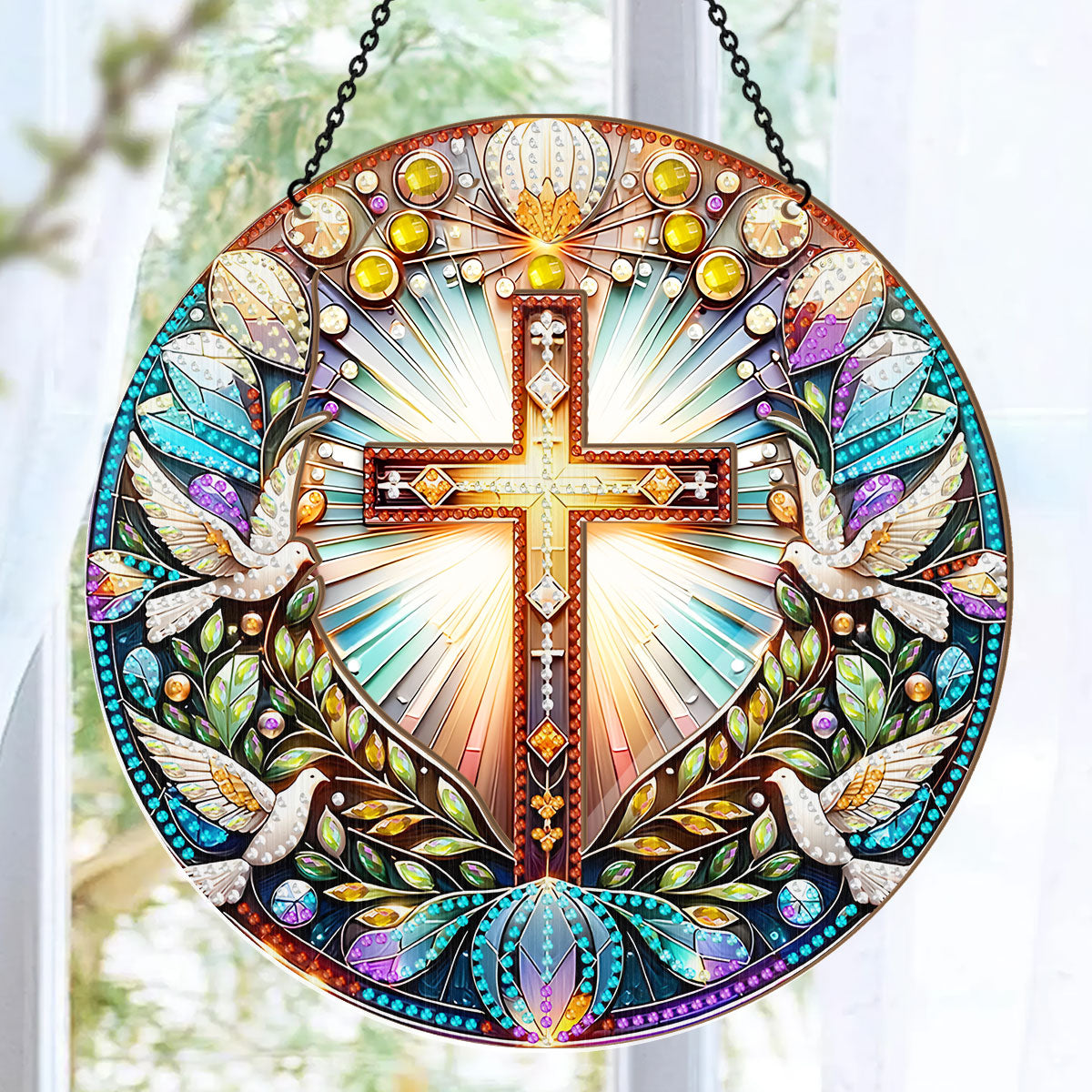Radiant Cross & Doves -  Window Hanging Suncatcher